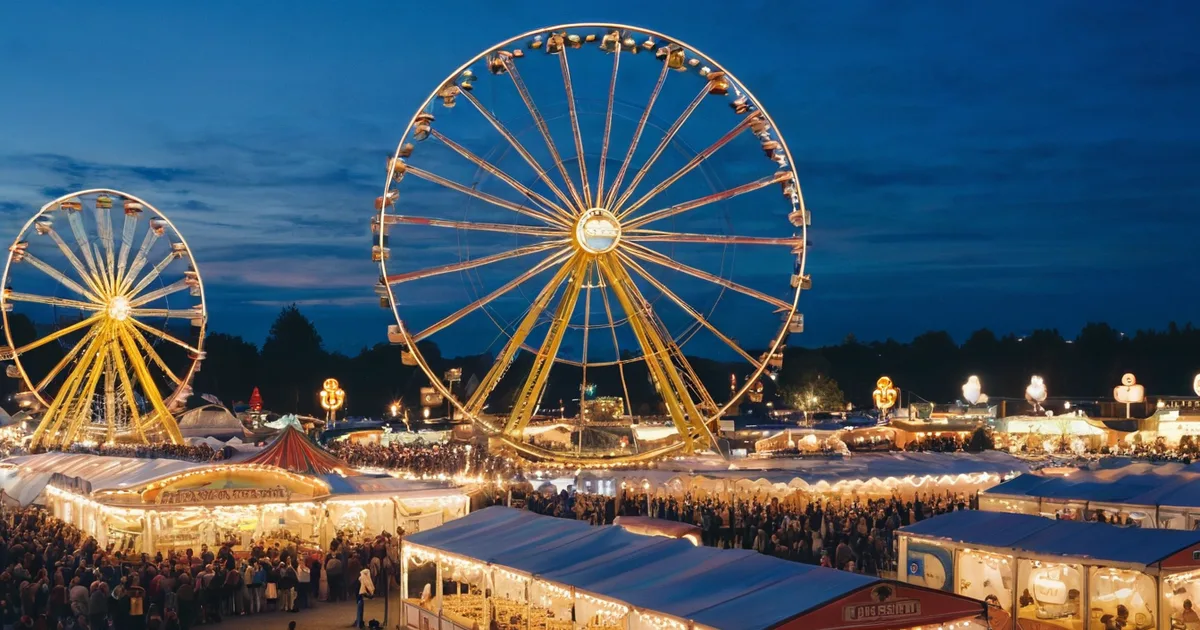 Oktoberfest 2026 fairgrounds at dusk on the Theresienwiese
