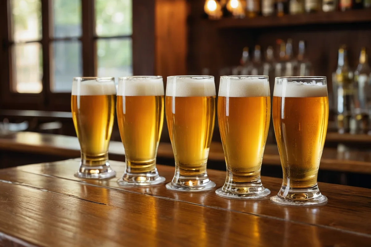 Six Munich beers served at Oktoberfest, unlabeled glasses