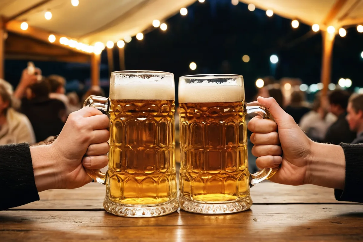 A toast with MaĂź steins at Oktoberfest