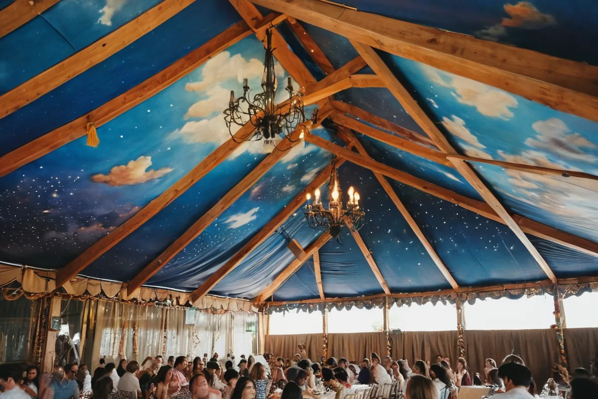 Painted sky ceiling inside a Munich beer tent