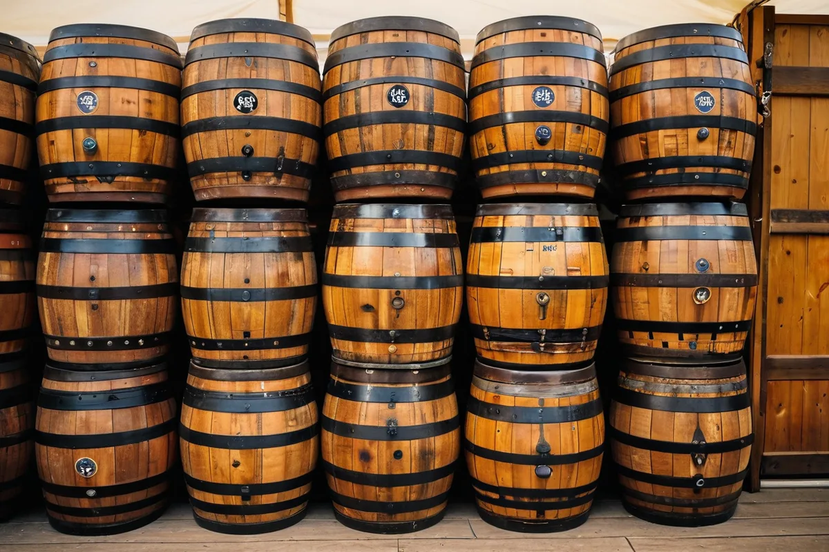 Traditional wooden beer barrels at an Oktoberfest tent