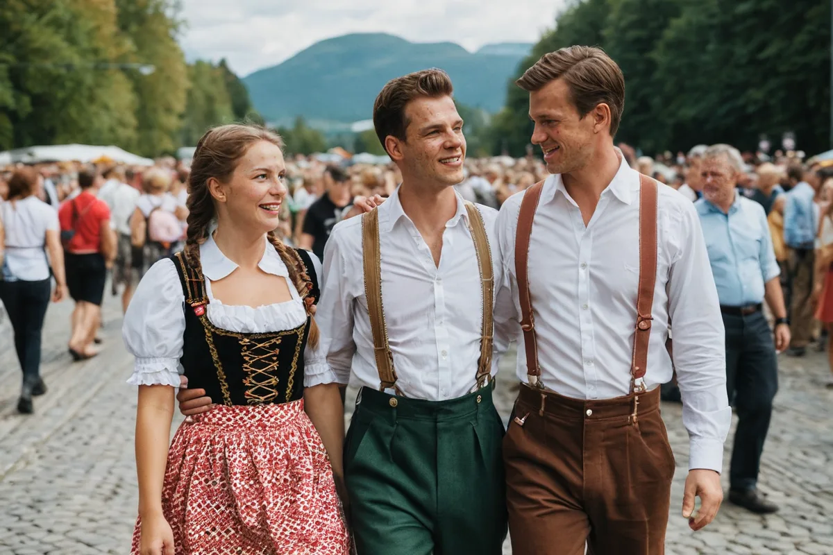 A couple dressed in dirndl and lederhosen at Oktoberfest
