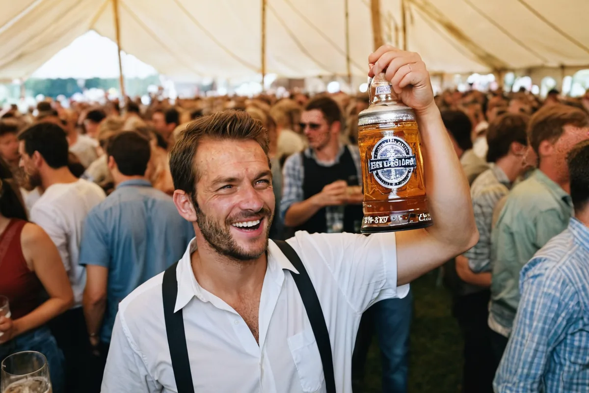 A server carrying multiple MaĂź steins at Oktoberfest