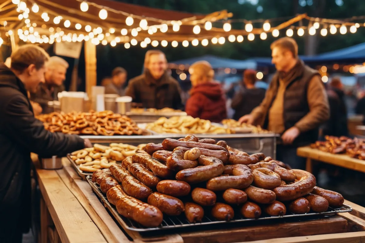 An Oktoberfest food stall with grilled sausages