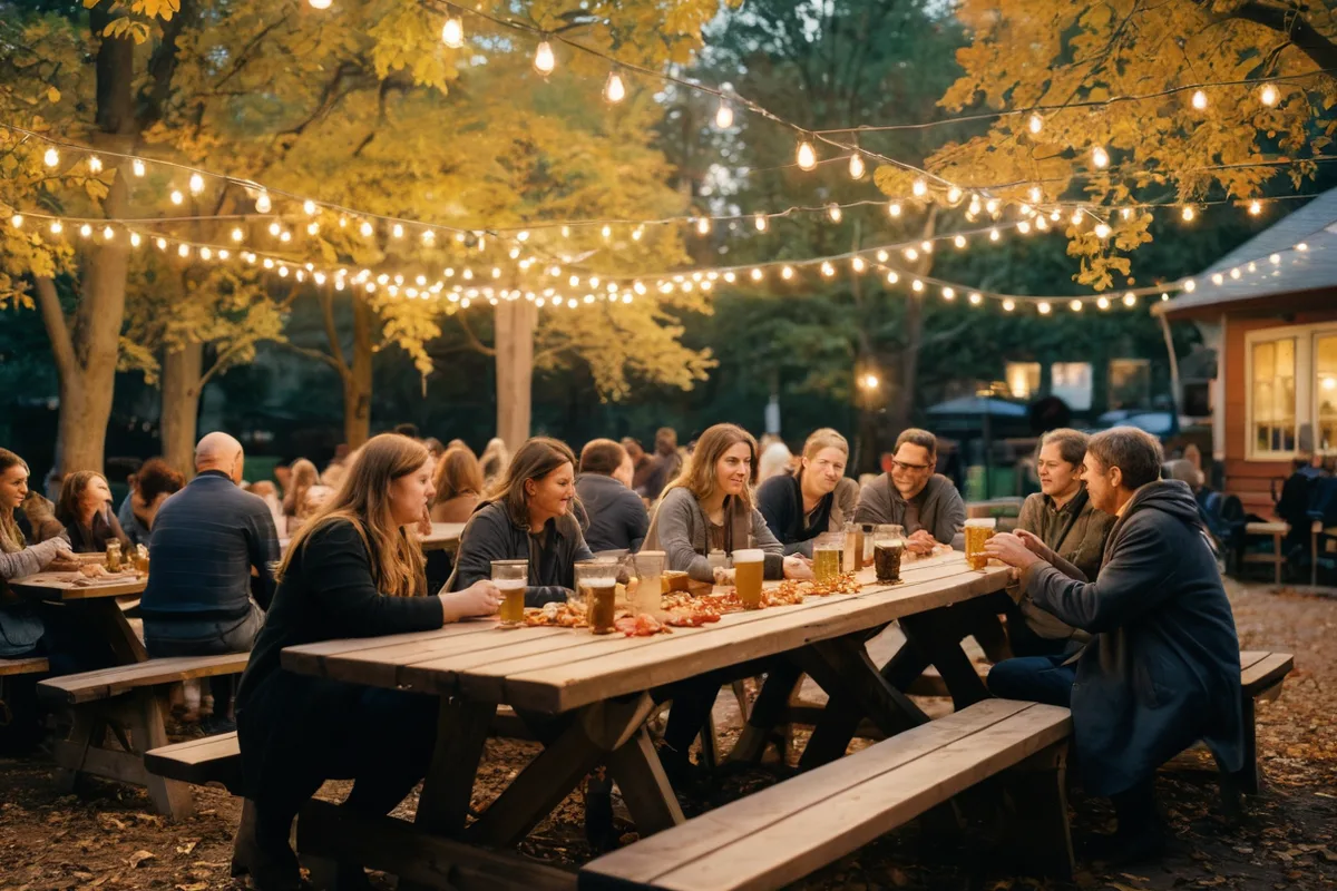 An outdoor autumn beer garden at a US Oktoberfest