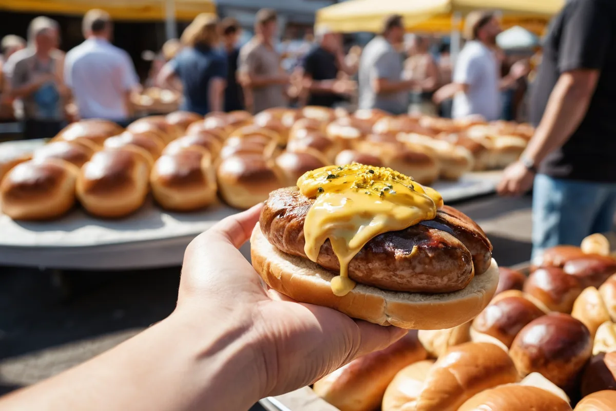 An affordable bratwurst from an Oktoberfest food stall