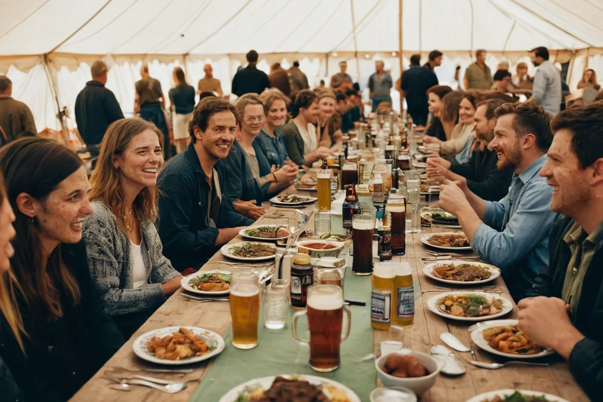 A full communal table at an Oktoberfest beer tent