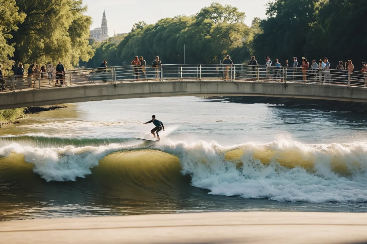 Surfers riding the Eisbach wave in Munich's English Garden